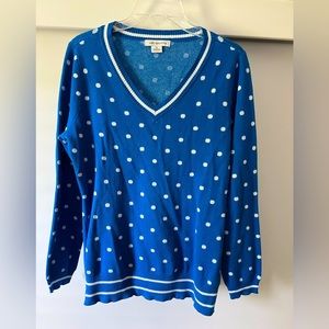 Vintage Liz Claiborne Blue White Polka Dots V Neck Sweater Size M